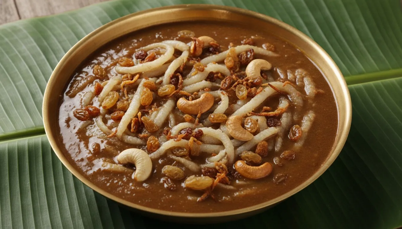 Brass uruli filled with dark glossy ada pradhaman topped with ghee fried coconut chips, cashews and golden raisins, banana leaf underneath