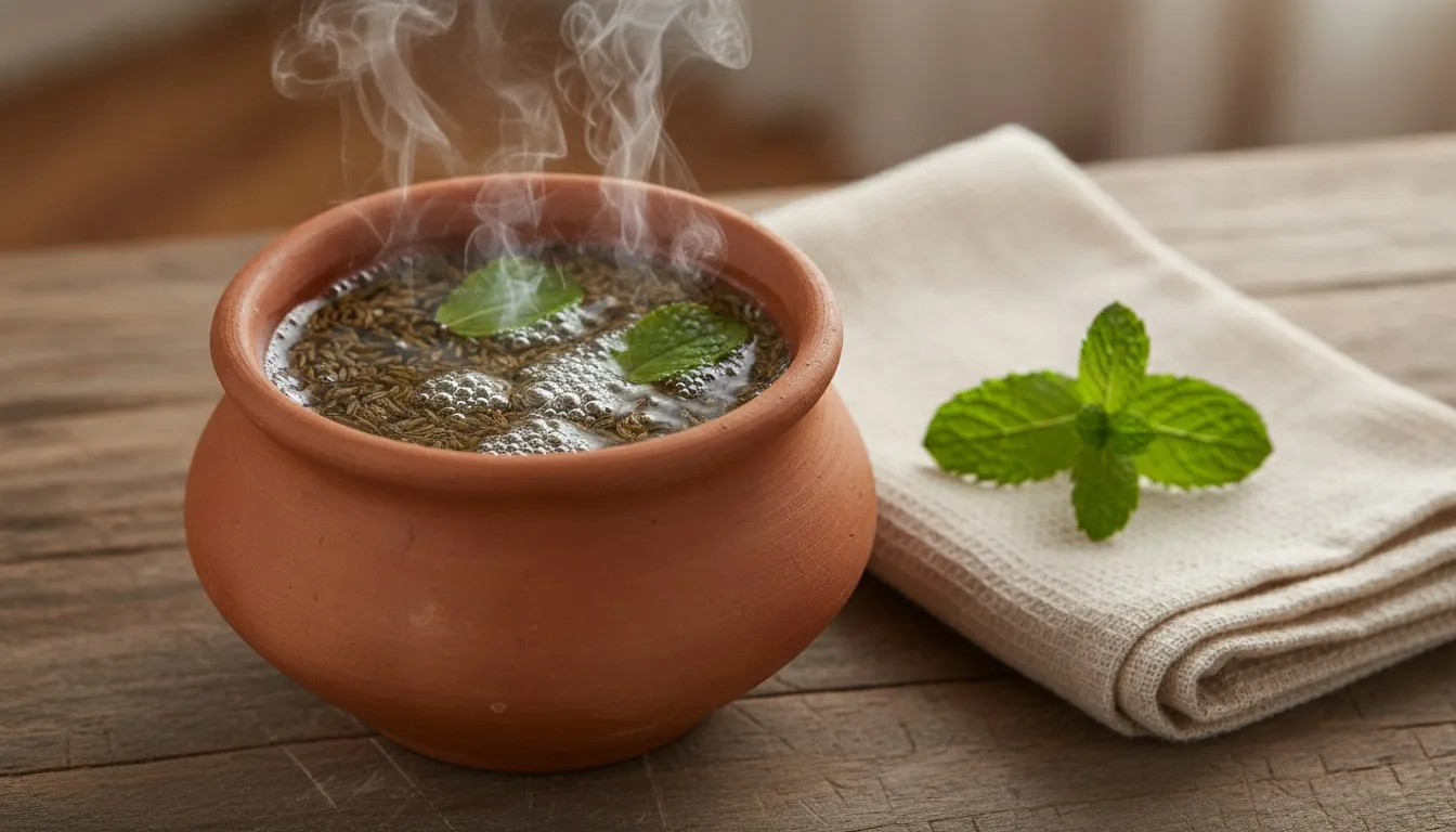 Steaming pot of hot water with whole ajwain seeds and a few fresh mint leaves floating on the surface, a folded towel resting beside it on a wooden table