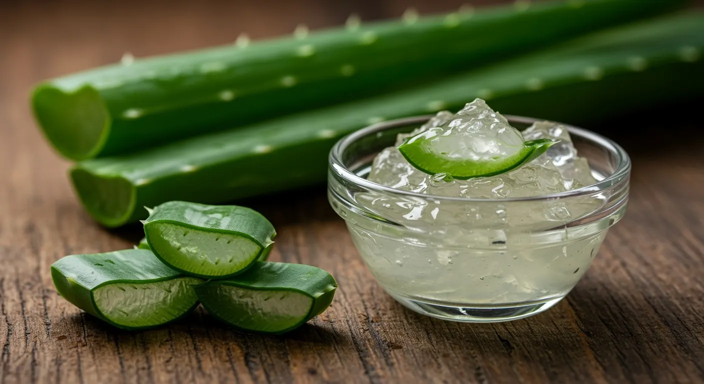 Cut aloe vera leaf with clear gel scooped into a small glass bowl on a wooden surface