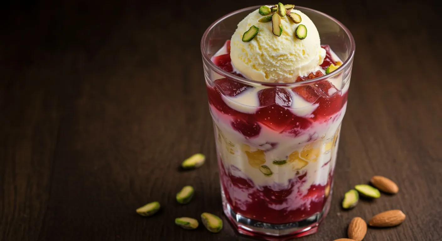 Tall glass of Madurai jigarthanda layered with bloomed badam pisin, dark pink nannari syrup, creamy reduced milk, and a scoop of vanilla ice cream on top, garnished with chopped pistachios on a wooden surface