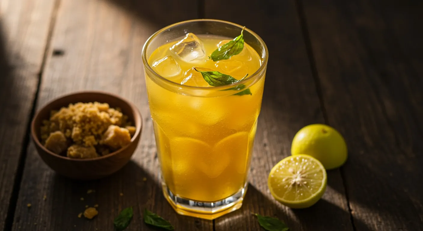 Tall glass of golden panakam with tulsi leaves floating on top, served over ice, with a small bowl of jaggery and a halved lemon beside it on a wooden board