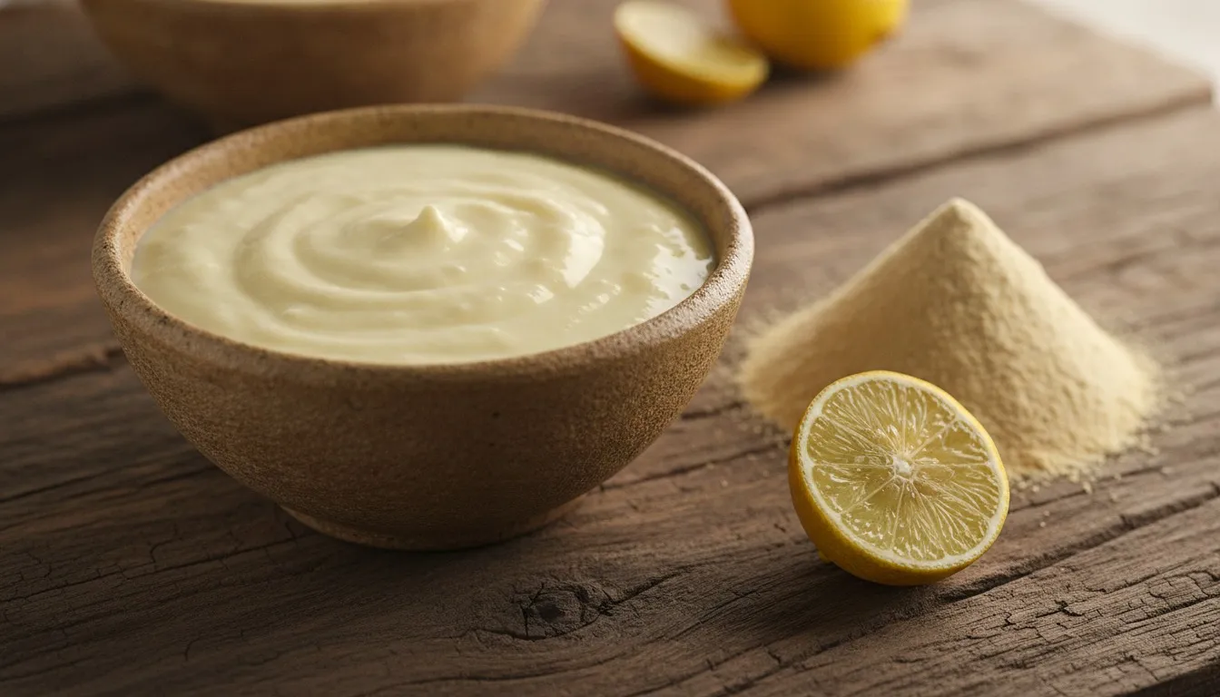 Small bowl of smooth pale-yellow besan and yogurt paste beside a mound of gram flour and a cut lemon on a wooden surface
