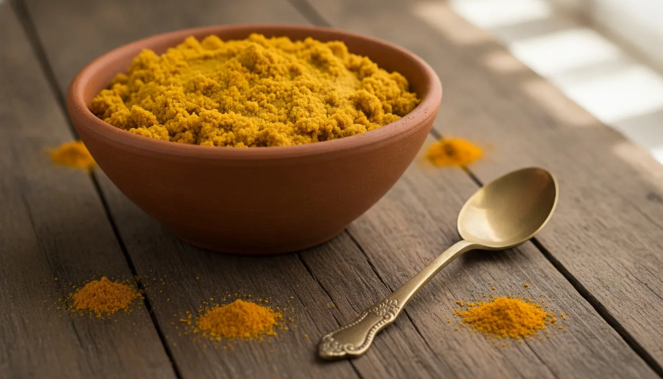 Small clay bowl of thick yellow gram flour and turmeric paste beside a jug of milk on a wooden surface