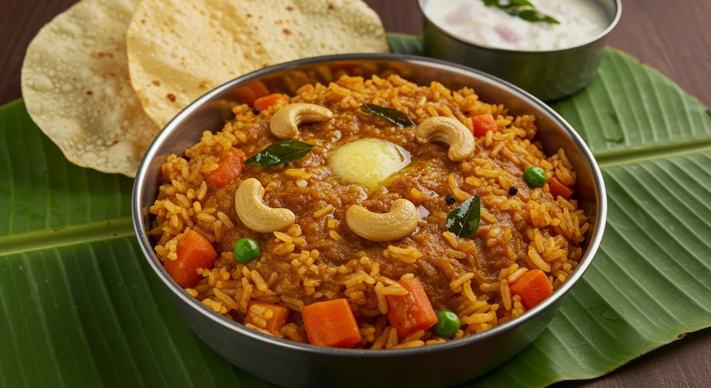 Steel bowl of bisi bele bath topped with golden fried cashews and a swirl of ghee, served with crisp boondi and papad on a banana leaf