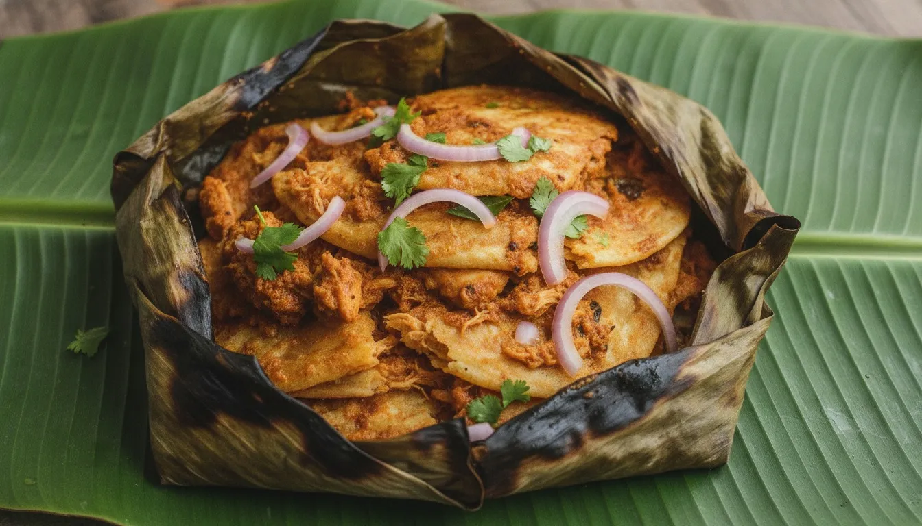 Chicken kizhi parotta unwrapped from a charred banana leaf, showing layered flaky parotta soaked in spicy chicken salna and topped with sliced onion and coriander