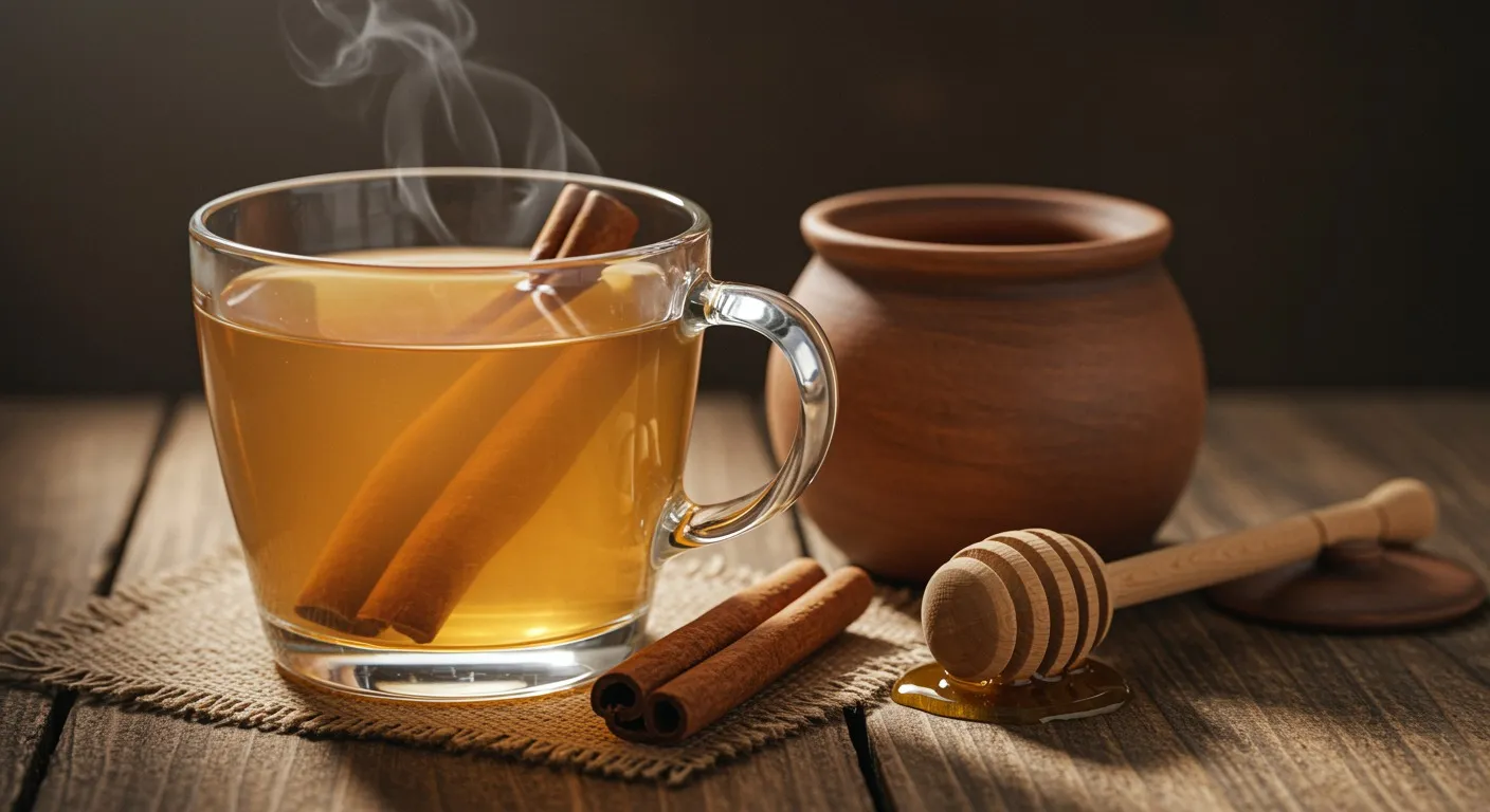 Glass tea cup of pale amber cinnamon honey tea with a whole cinnamon stick inside, a small ceramic pot of honey and a wooden honey dipper beside it on a rustic wood surface