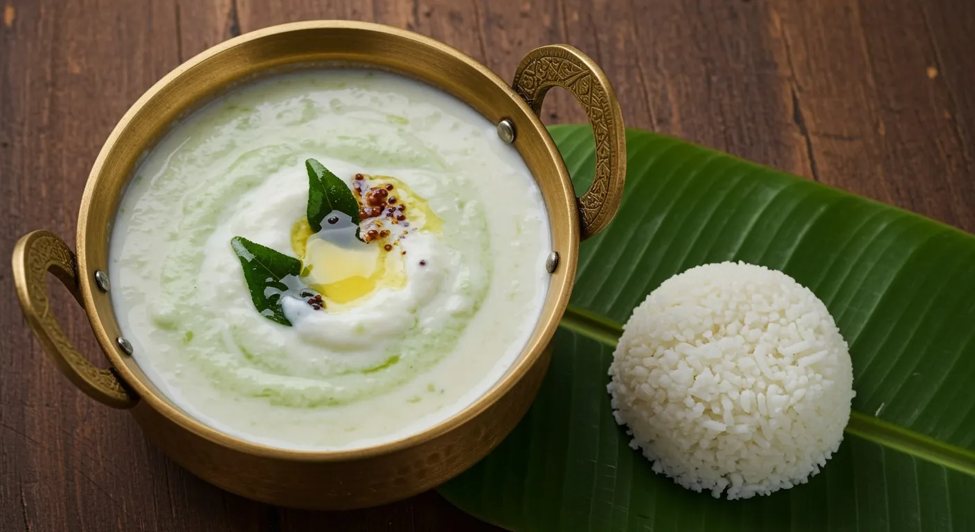 Brass bowl of cucumber tambuli topped with a mustard seed and curry leaf tempering, set next to a plate of steamed rice on a banana leaf