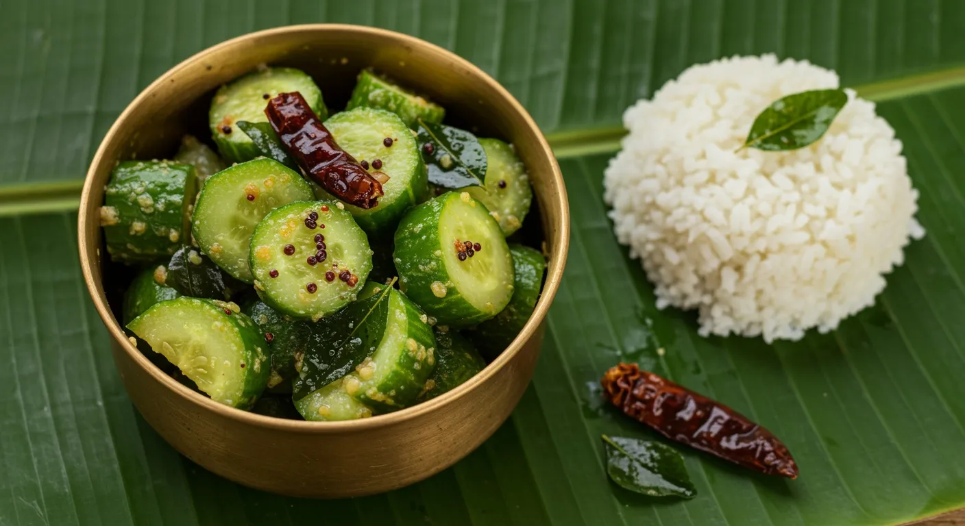 Brass bowl of cucumber tambuli topped with a mustard seed and curry leaf tempering, set next to a plate of steamed rice on a banana leaf