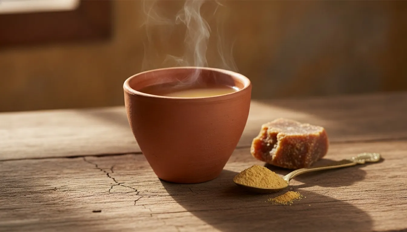 Small clay cup of steaming golden ginger tea on a wooden table, with a spoon of dry ginger powder and a broken piece of jaggery beside it