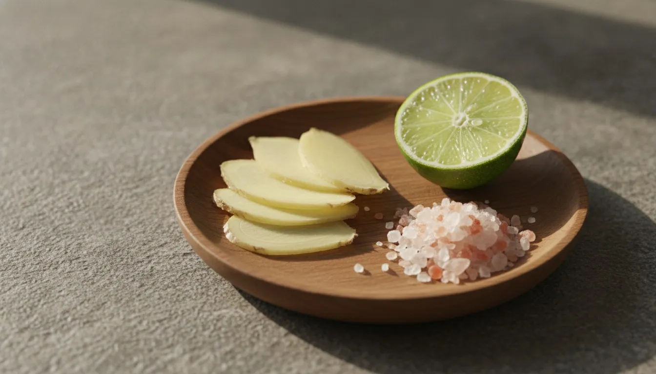 A small wooden plate with thin slices of fresh ginger, a pinch of pink rock salt, and a halved lime on a stone surface