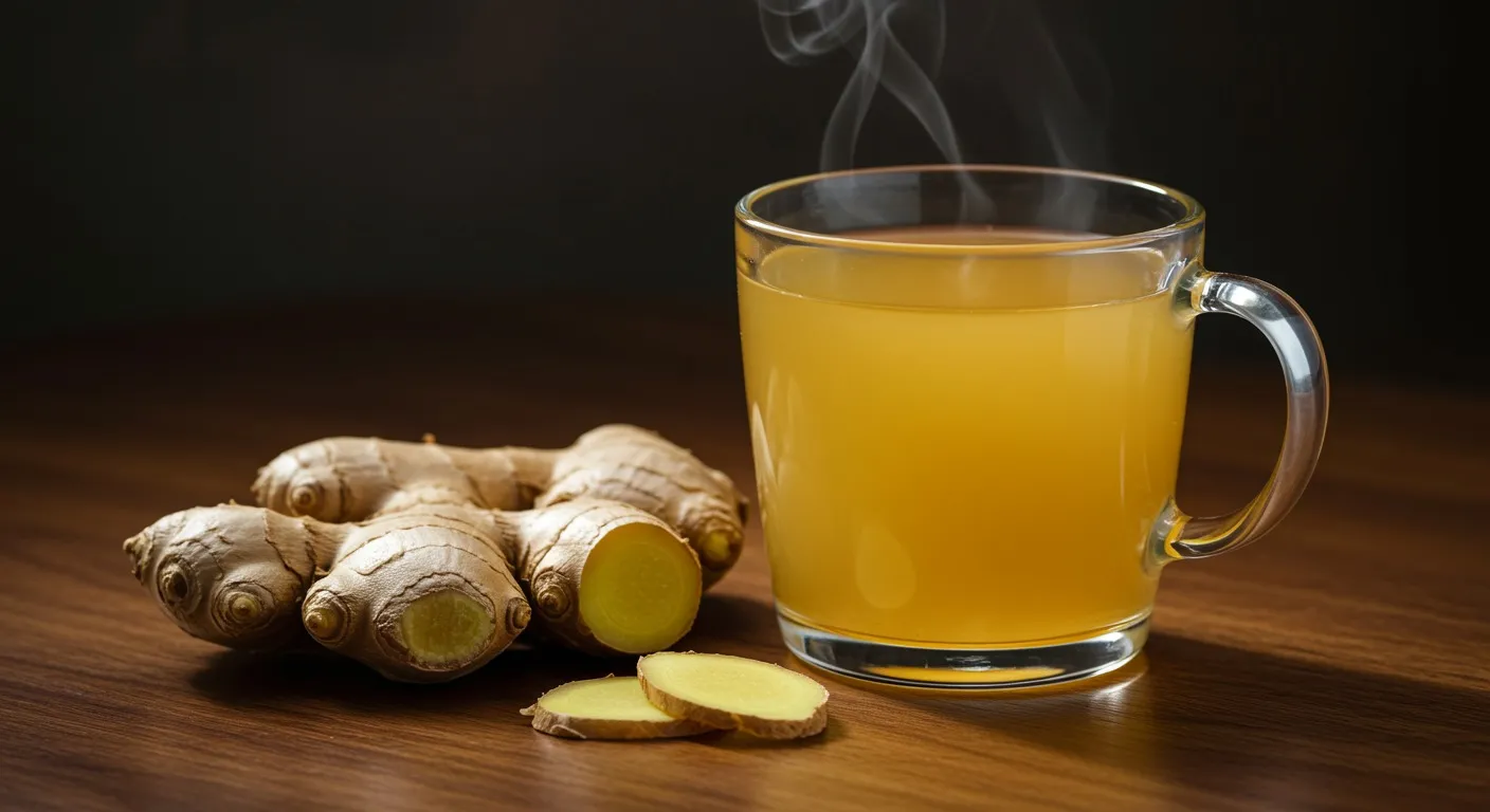 Clear glass mug of golden ginger tea with a knob of fresh ginger root and thin ginger slices on a wooden table