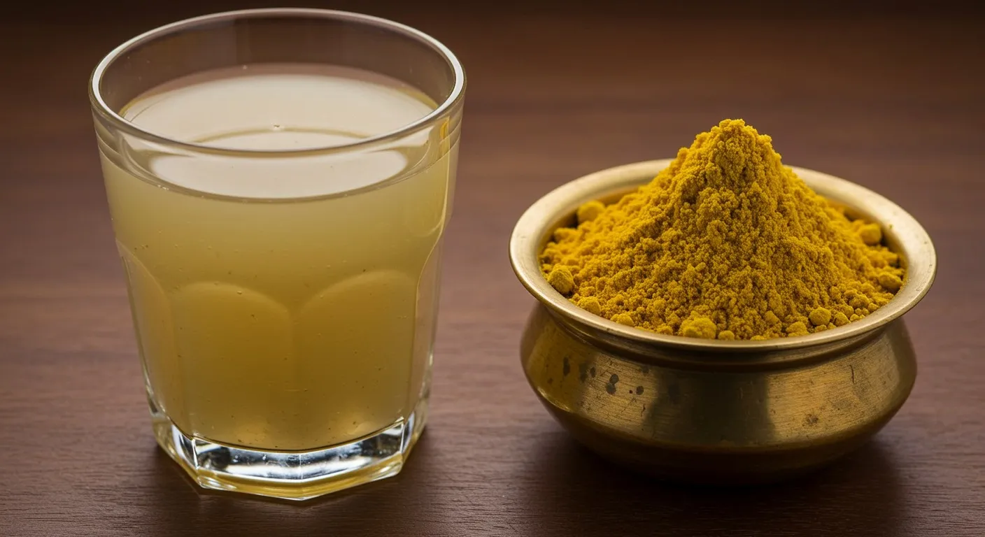Glass of cloudy warm hing water next to a small brass bowl of yellow asafoetida powder on a wooden table