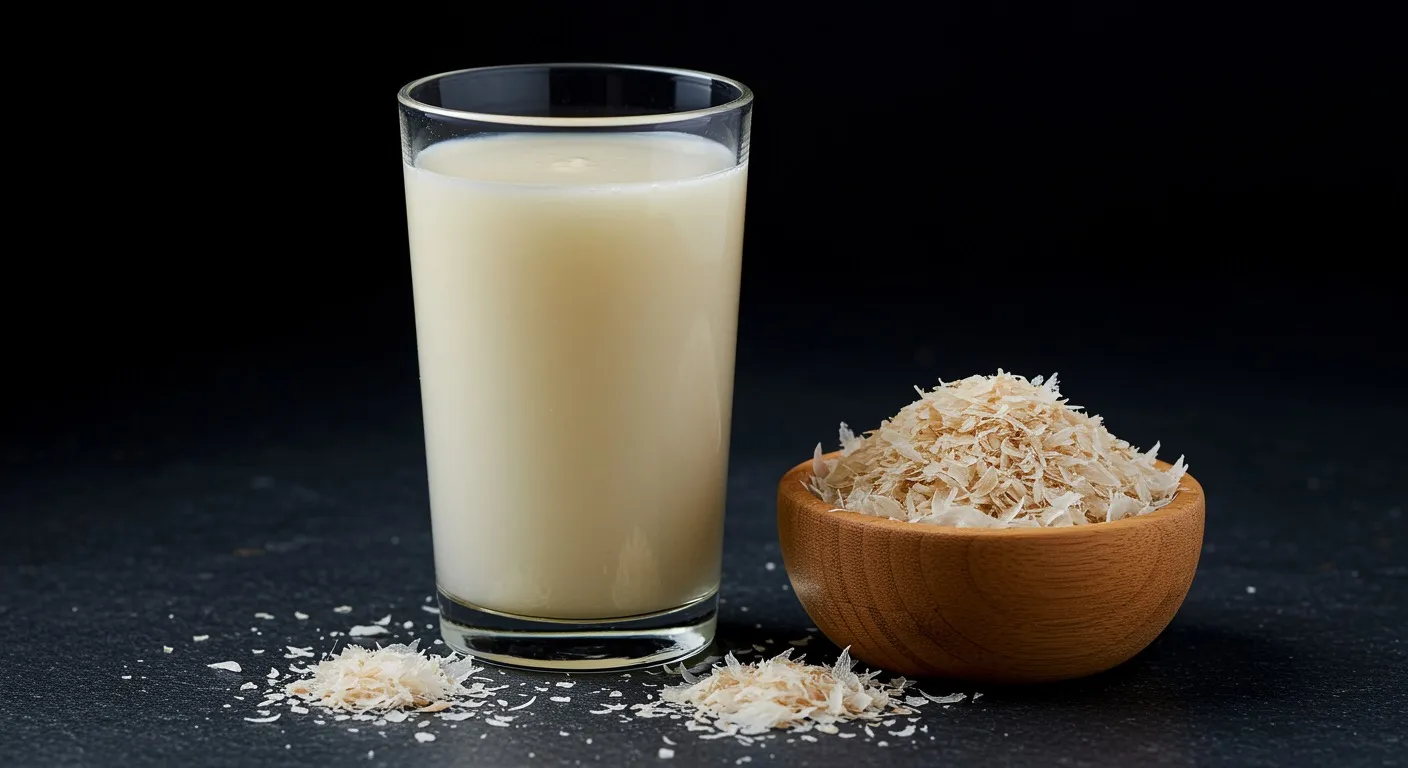 Glass of cloudy psyllium husk water beside a small wooden bowl of fluffy isabgol husk on a stone surface