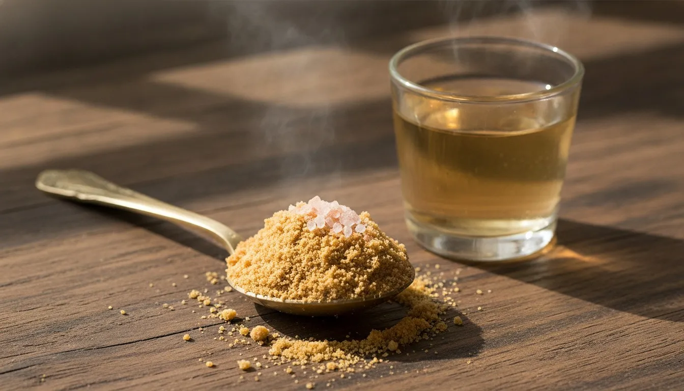 Teaspoon of coarsely powdered golden jaggery topped with a few grains of pink rock salt, beside a small glass of warm water on a wooden table