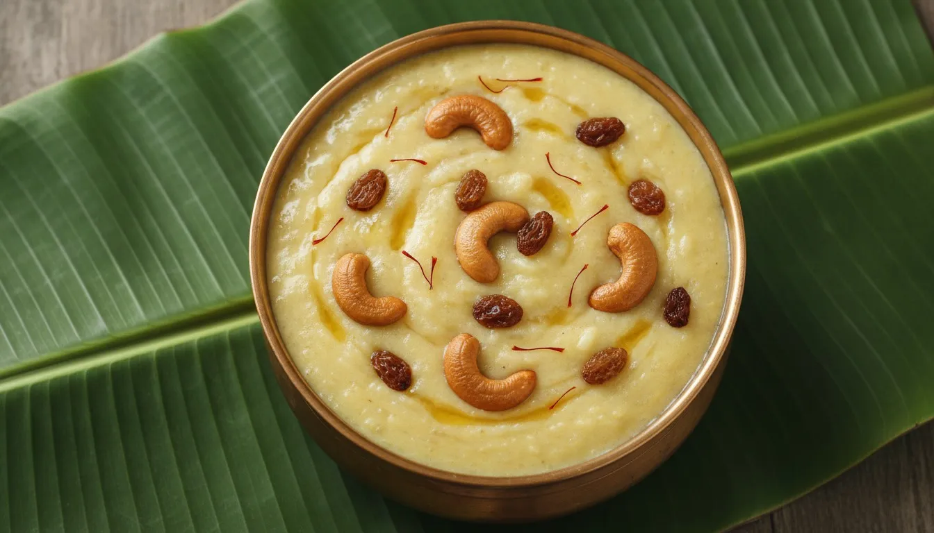 Bowl of creamy pale yellow kalkandu sadam topped with golden ghee-fried cashews, plump raisins, and saffron strands, with a ladle resting alongside