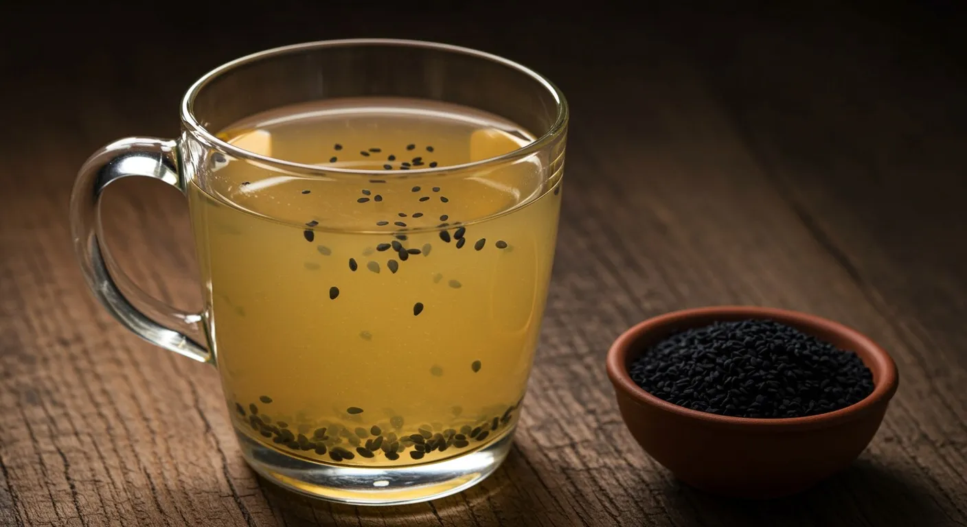 Glass of warm kalonji water with a small bowl of whole black nigella seeds beside it on a wooden surface