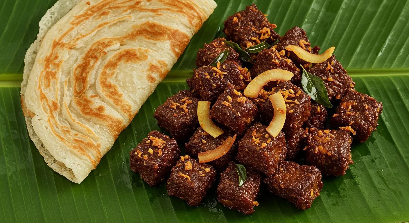 Plate of dark, dry-roasted Kerala beef ularthiyathu studded with toasted coconut slices and curry leaves, served alongside a flaky Malabar parotta