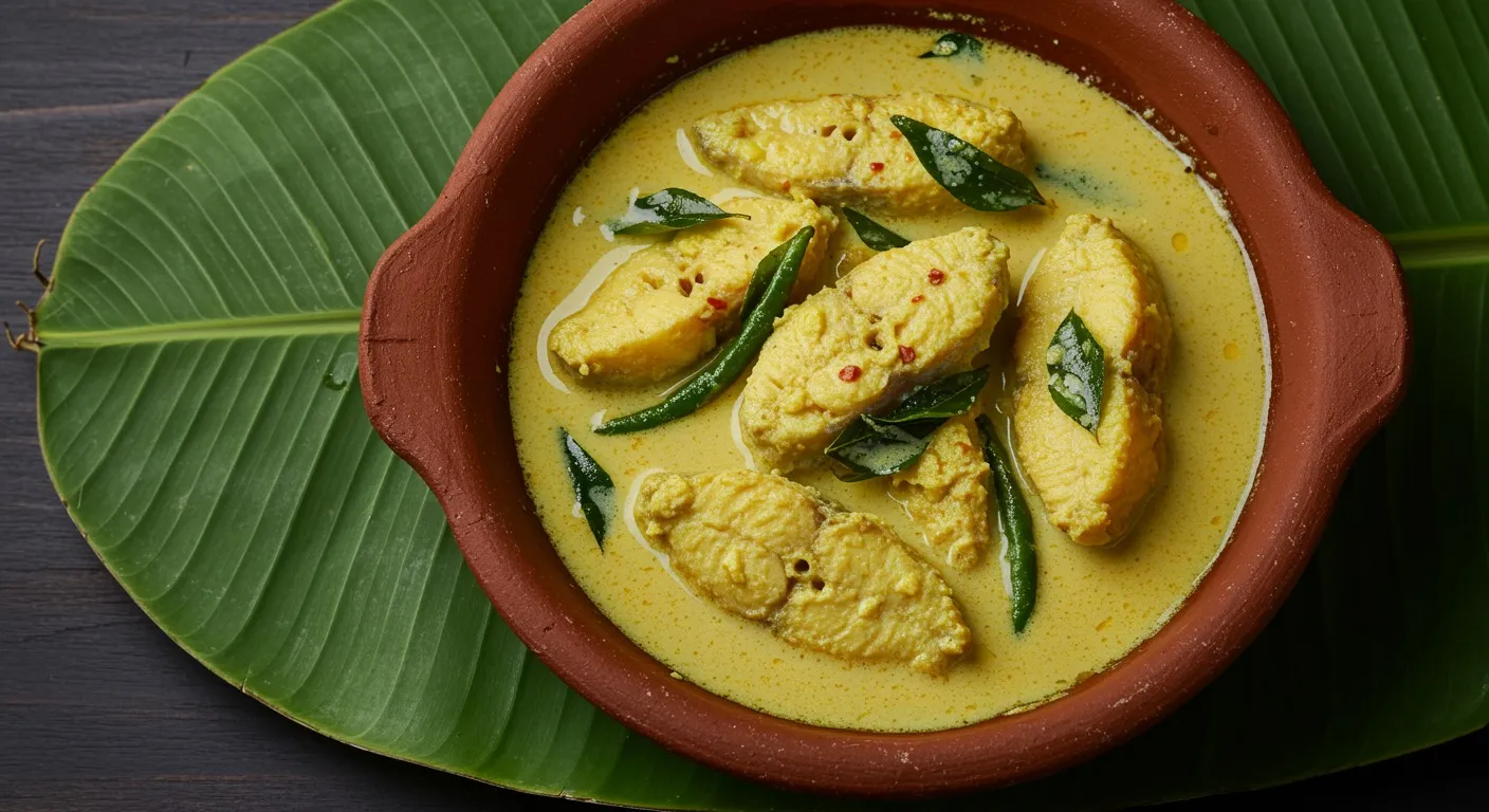 Bowl of Kerala fish molee with chunks of white fish in a pale golden coconut milk gravy, topped with slit green chilies and curry leaves, served with appam