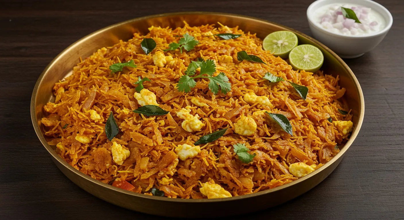 Plate of egg kothu parotta with shredded golden-brown Malabar parotta, scrambled egg, curry leaves, and chopped coriander, served with a small bowl of onion raita and a lemon wedge