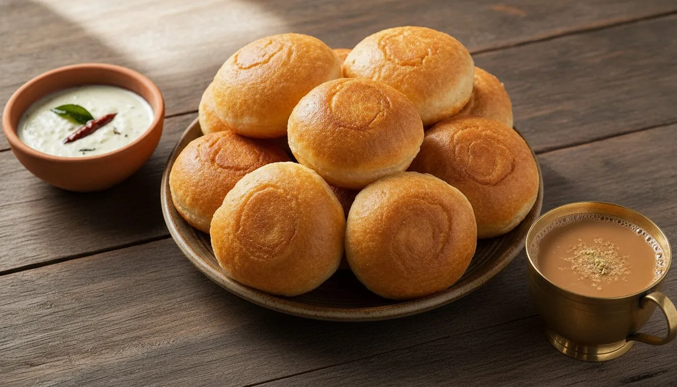 Stack of golden puffed Mangalore banana buns on a plate with coconut chutney and a cup of chai on the side