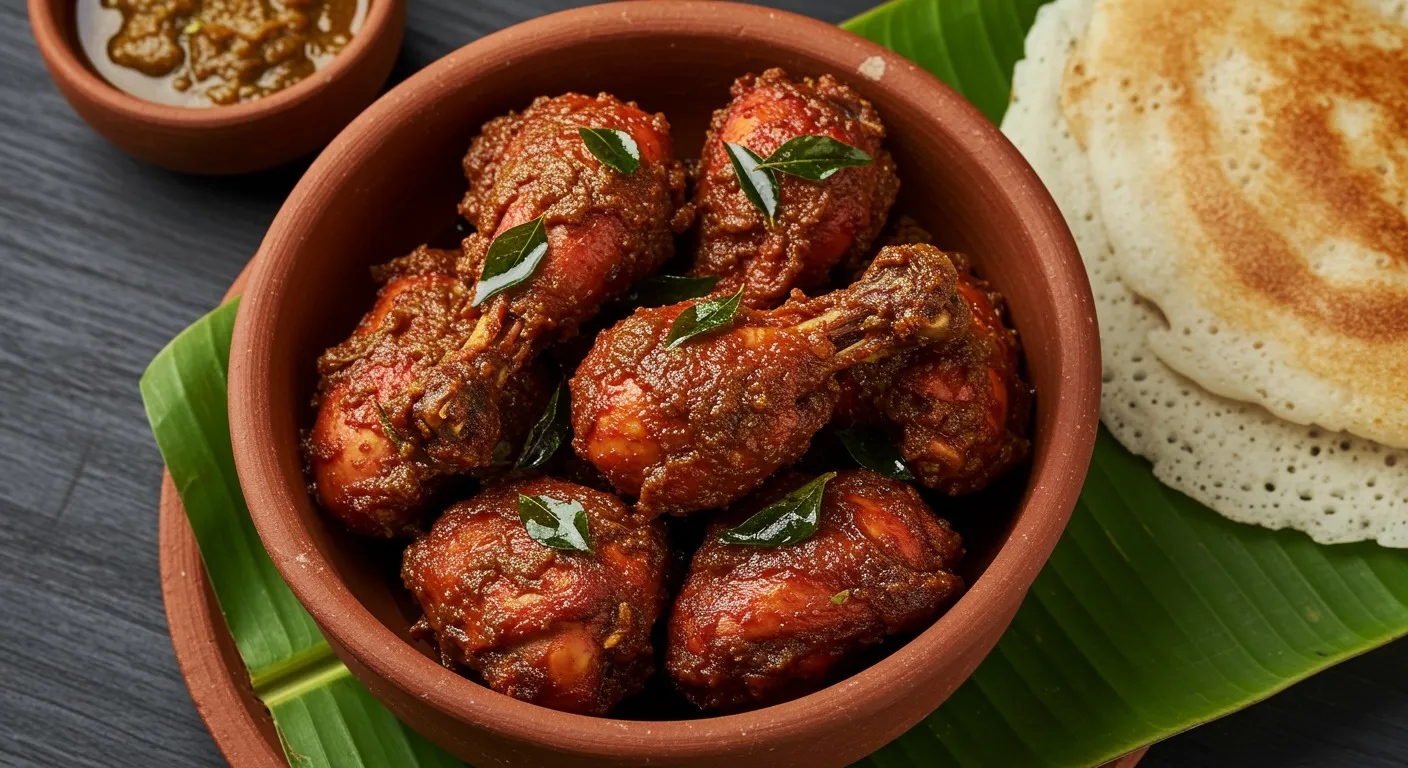 Clay bowl of Mangalorean chicken ghee roast, deep red chicken pieces glistening in thick masala and topped with crisp curry leaves, served on a banana leaf with neer dosa