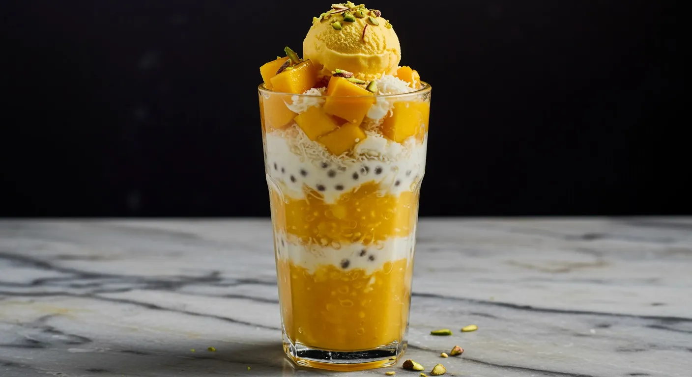 Tall glass of mango falooda layered with mango puree, sabja seeds, falooda sev, and chilled milk, topped with a scoop of mango ice cream and chopped pistachios