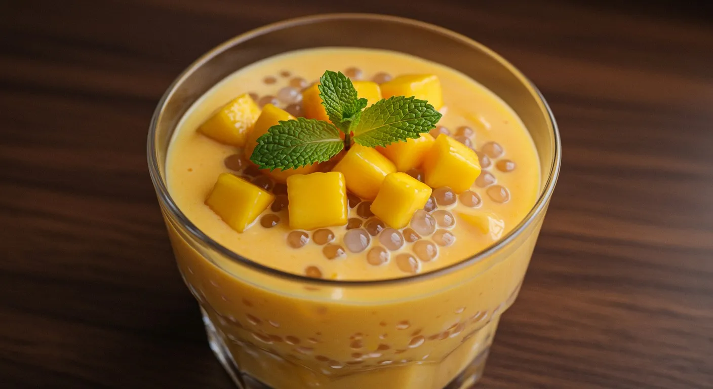 Clear glass cup of mango sago with creamy orange mango base, translucent tapioca pearls, and diced fresh mango on top, garnished with a mint leaf.