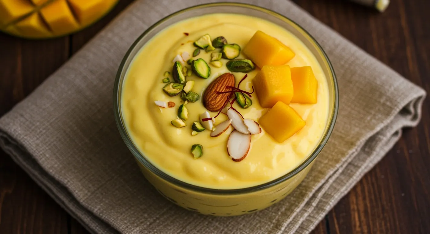 Glass bowl of creamy yellow mango shrikhand topped with chopped pistachios, almond slivers, golden saffron strands, and a few cubes of fresh mango, served on a wooden surface