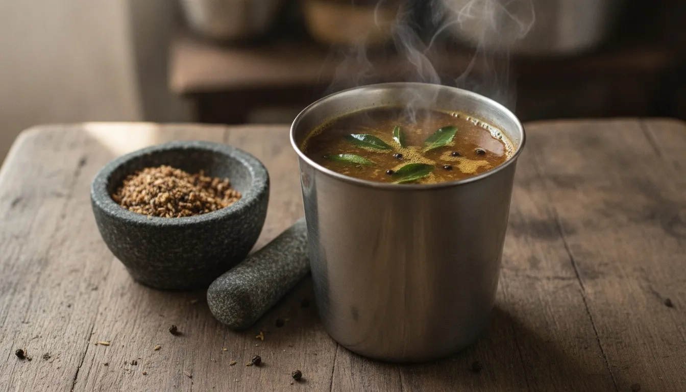 Steaming tumbler of dark peppery rasam next to coarsely crushed black peppercorns and cumin seeds in a stone mortar