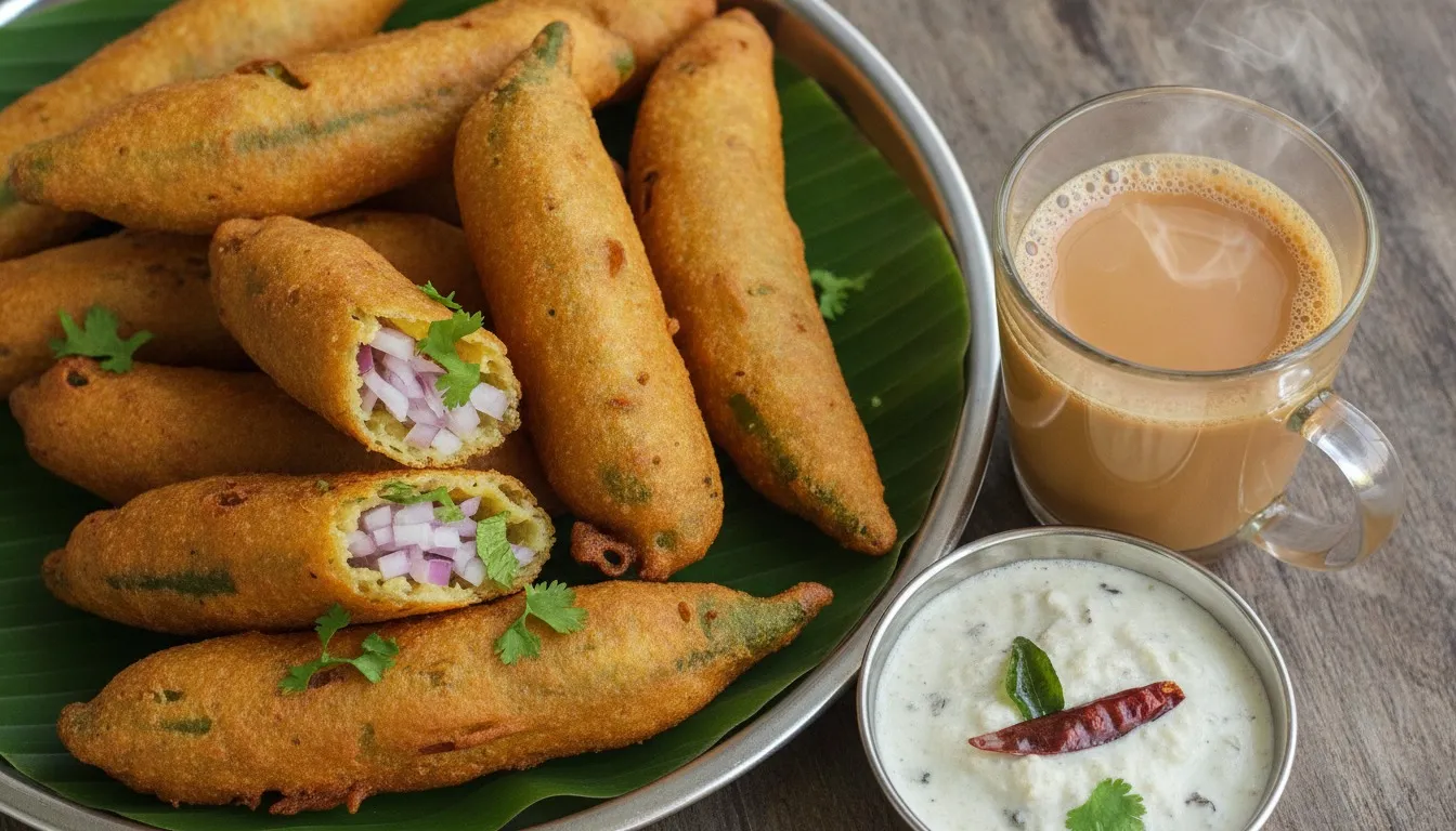 Golden fried mirchi bajji split open and stuffed with chopped onion and coriander, piled on a steel plate with coconut chutney and a glass of tea