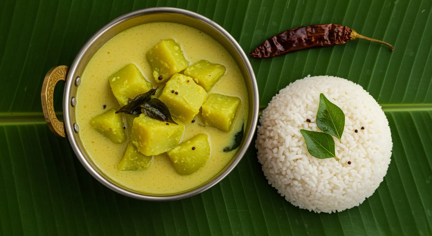 Bowl of mor kuzhambu with cubes of ash gourd in a pale yellow buttermilk gravy, garnished with curry leaves and dried red chilies, served beside a plate of steamed white rice