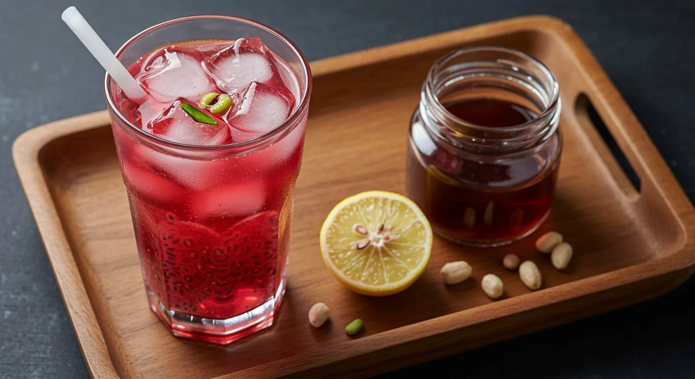 Tall glass of ruby-pink nannari sarbath with ice cubes, soaked basil seeds, and a lemon wedge on the rim, set against bright daylight.