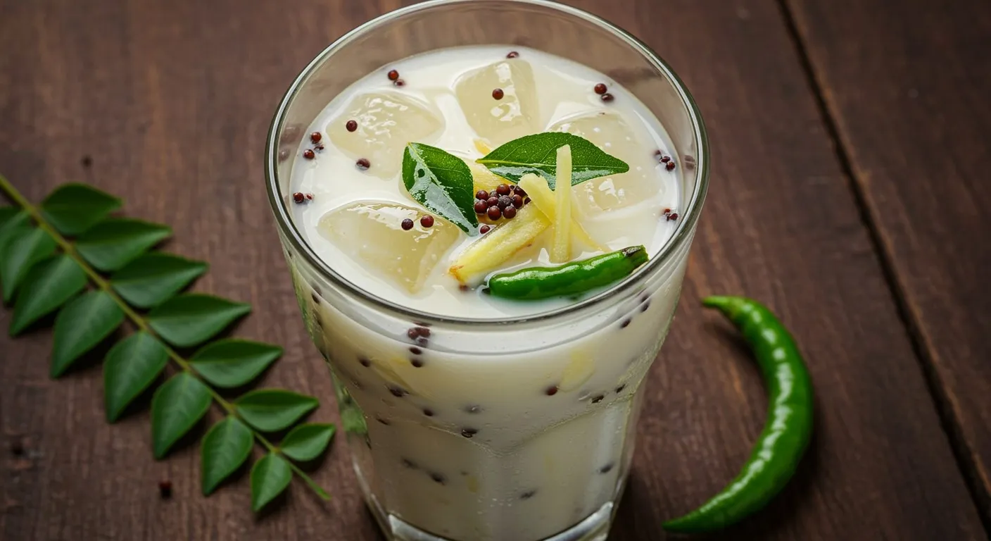 Tall clear glass of chilled neer mor topped with floating mustard seeds and torn curry leaves, beads of condensation on the glass, set on a wooden surface beside a fresh sprig of curry leaves