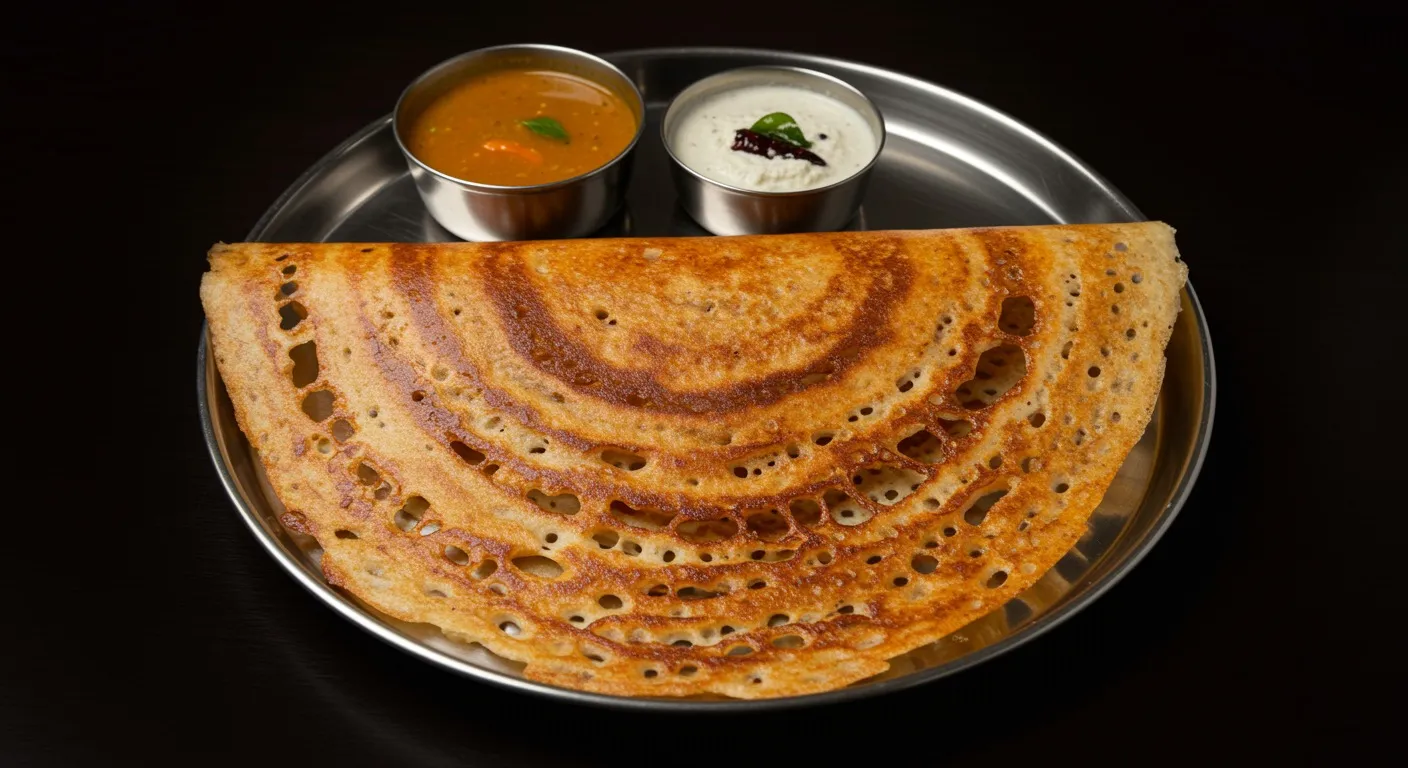 Crispy golden lacy onion rava dosa folded on a steel plate with coconut chutney and a small bowl of sambar