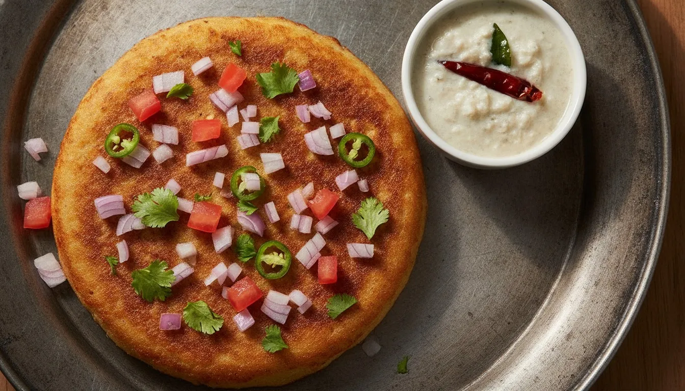 Golden onion uttapam topped with chopped onion, tomato, green chili, and coriander on a black cast-iron tawa, served with coconut chutney.