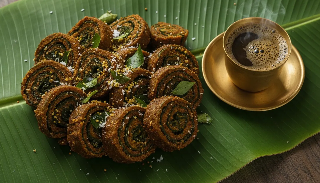 Sliced steamed pathrode rolls arranged on a banana leaf, showing green colocasia leaf spirals swirled through reddish-brown rice masala, tempered with mustard seeds, curry leaves and grated coconut