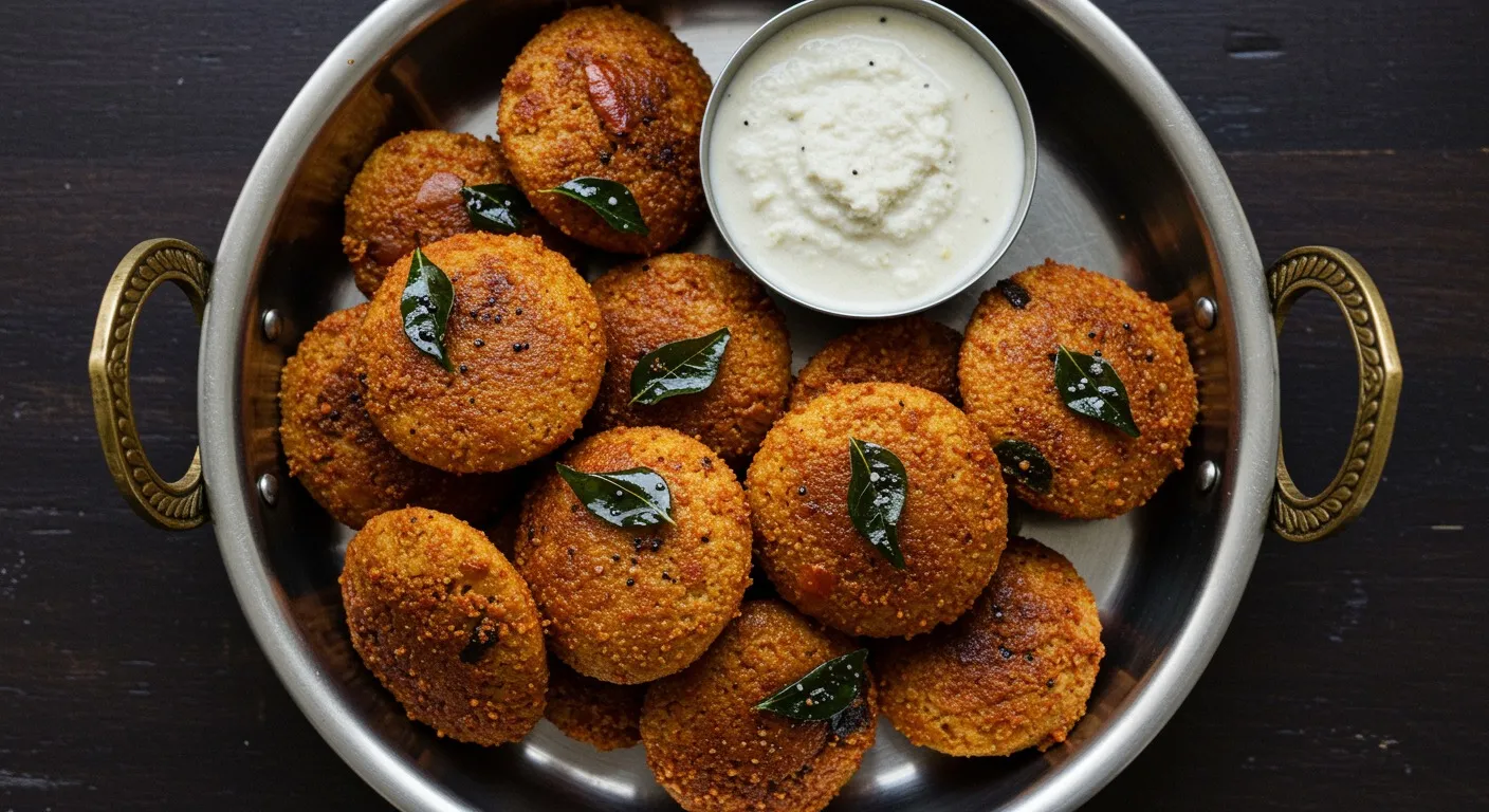 Bowl of mini podi idli coated in deep red idli podi and ghee, garnished with crisp curry leaves, served with a small dish of coconut chutney.