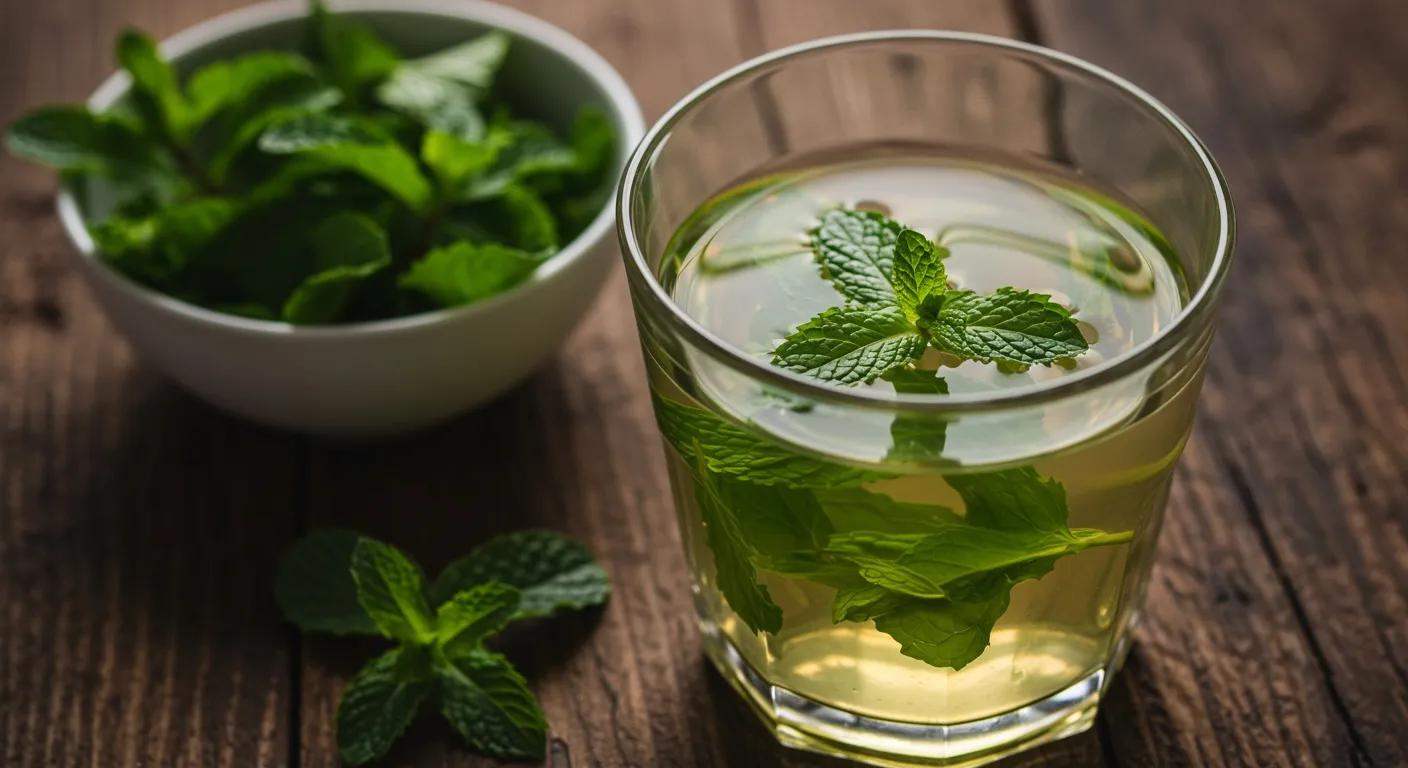 Glass of warm pale-green mint tea beside a small bowl of fresh pudina leaves on a wooden table