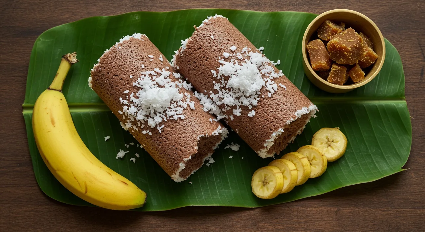 Two warm ragi puttu cylinders broken open on a banana leaf, topped with grated coconut and served with sliced ripe banana and a small bowl of jaggery.