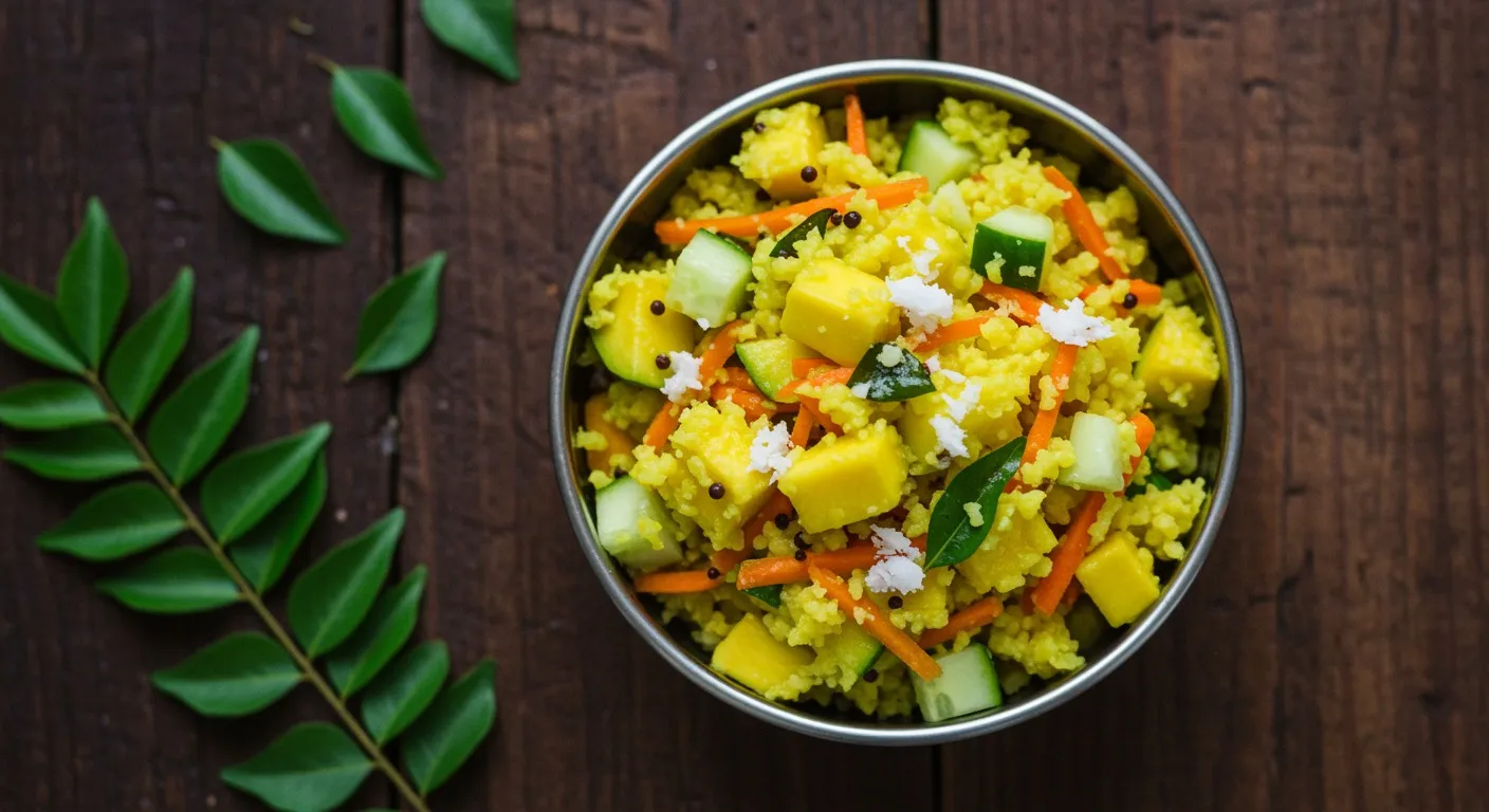 Bowl of raw mango kosambari with soaked moong dal, grated mango, cucumber, fresh coconut, and curry leaf tempering, served in a small steel bowl