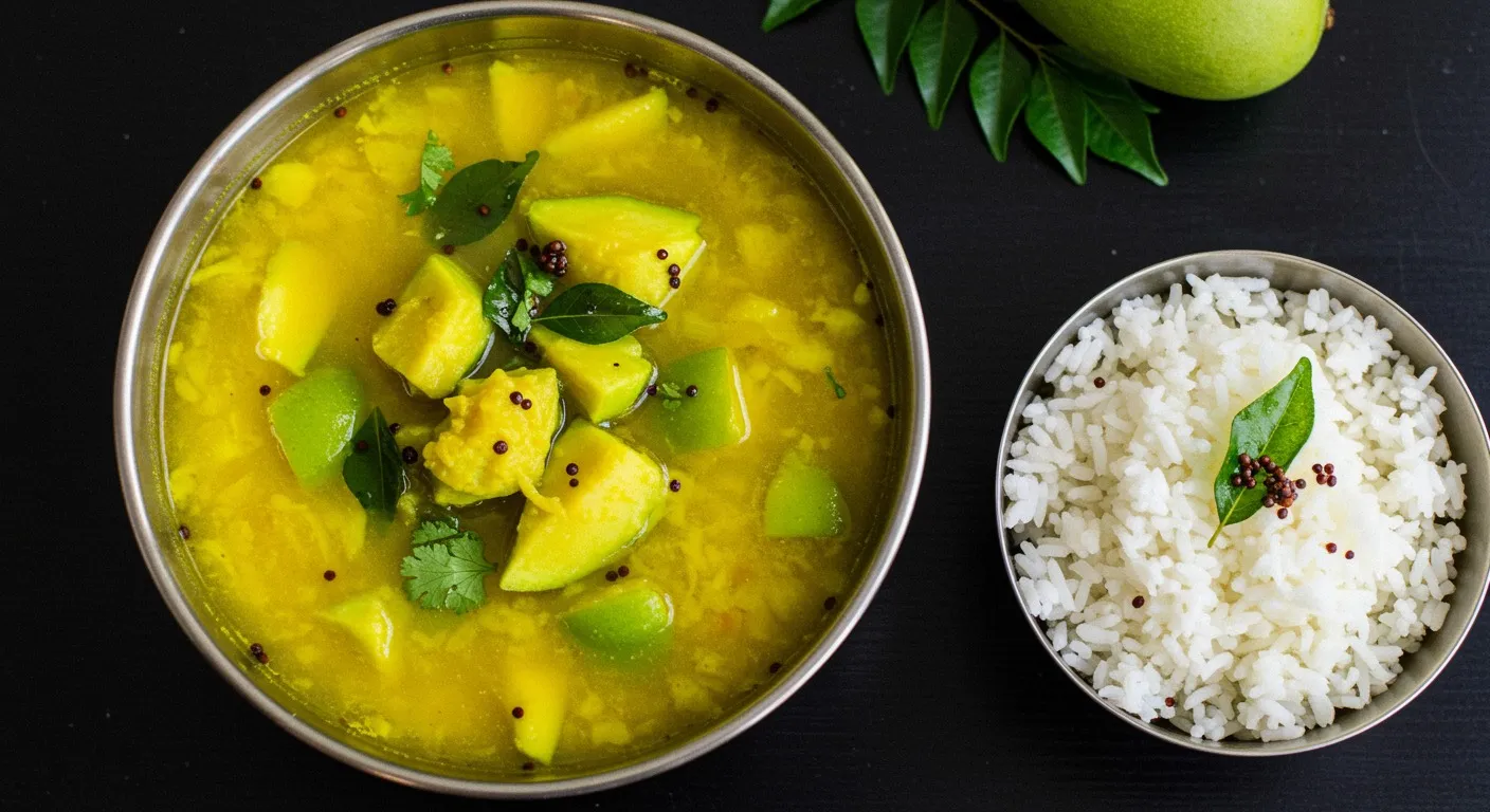 Bowl of golden raw mango rasam with floating curry leaves and chopped coriander, a small dish of steamed rice beside it