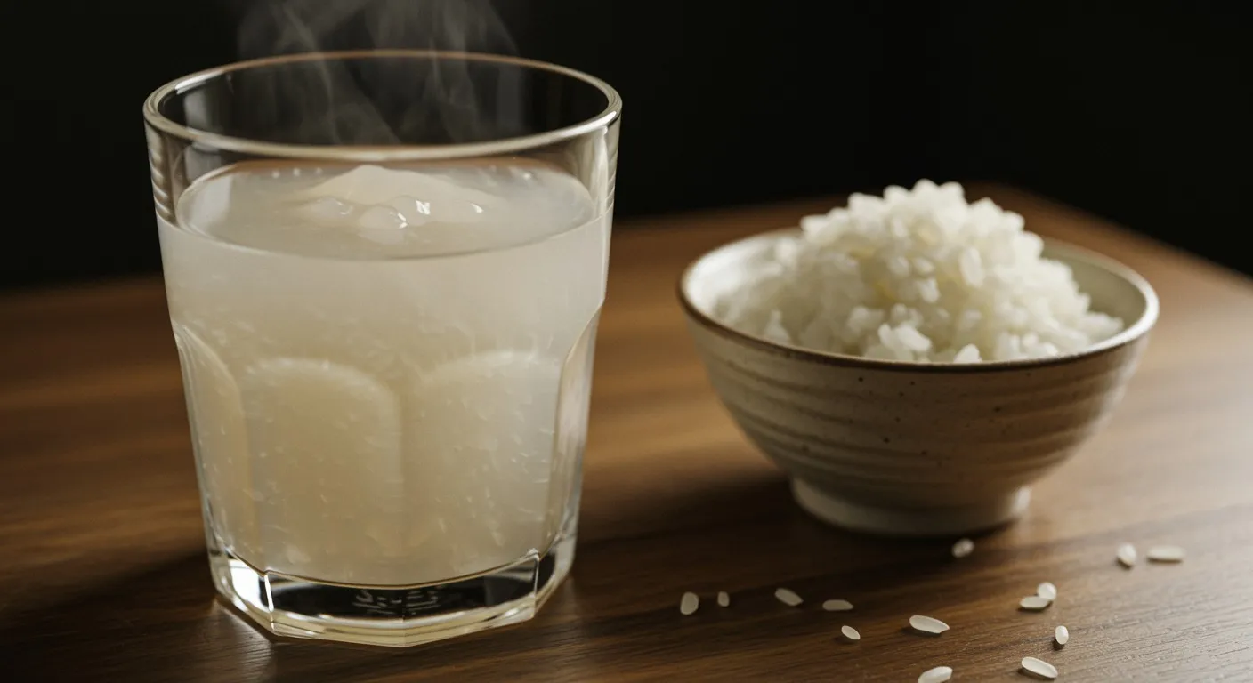 Glass of warm cloudy rice water beside a small bowl of uncooked white rice on a wooden surface in soft daylight
