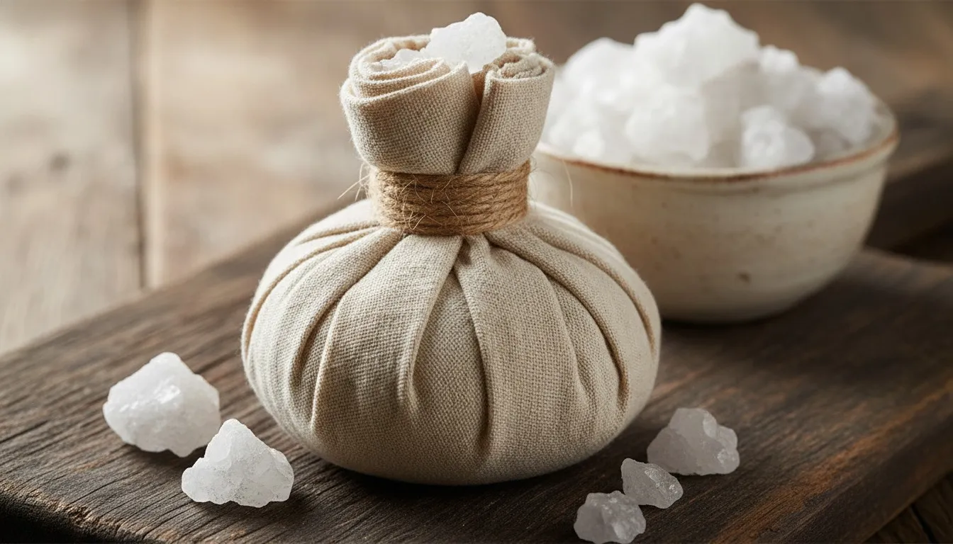 Cotton cloth bundle filled with warm coarse rock salt tied with string, resting on a wooden board beside a small bowl of rock salt crystals