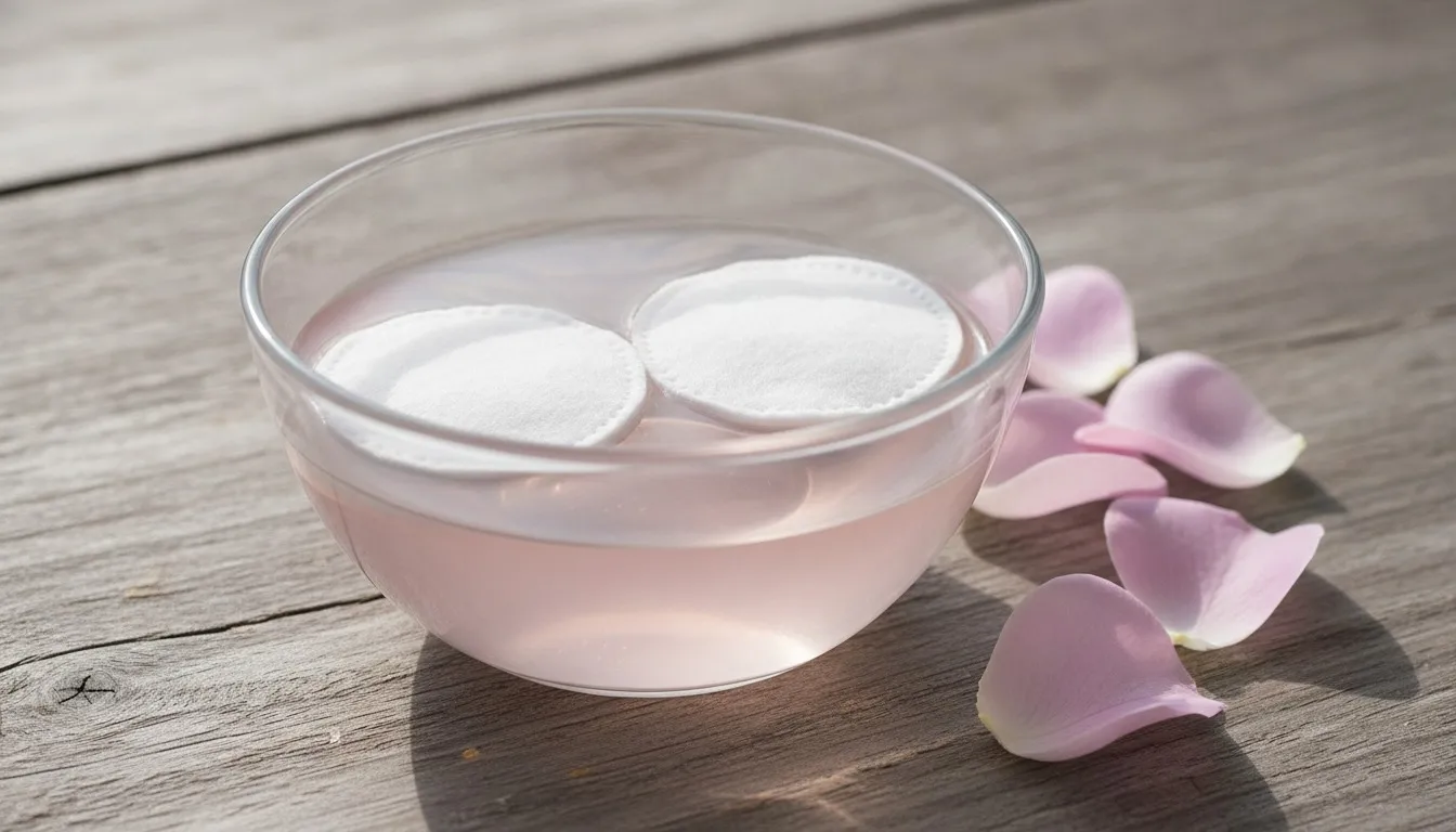 Small glass bowl of pale rose water with two soaked cotton pads and fresh pink rose petals on a wooden surface