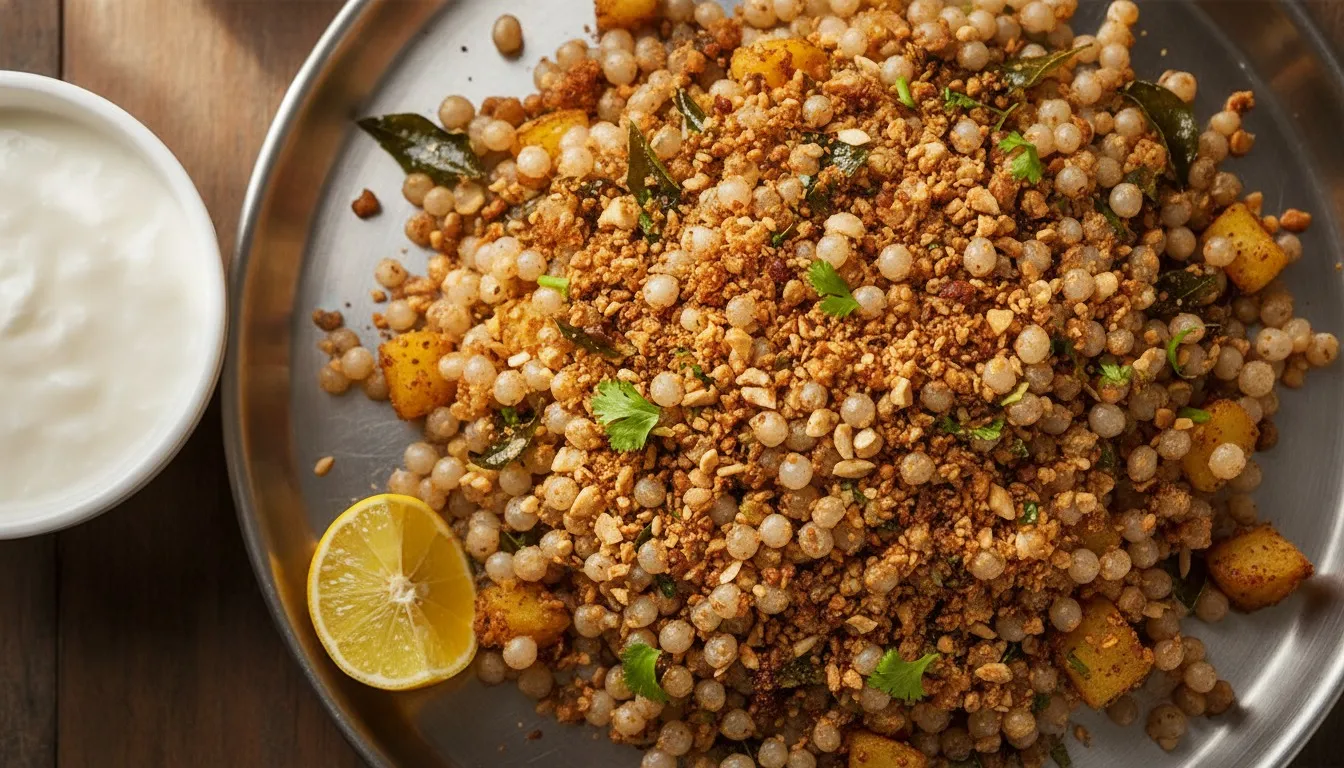Plate of sabudana khichdi with glossy separate tapioca pearls, roasted peanuts and cubes of potato, topped with chopped coriander and a lemon wedge