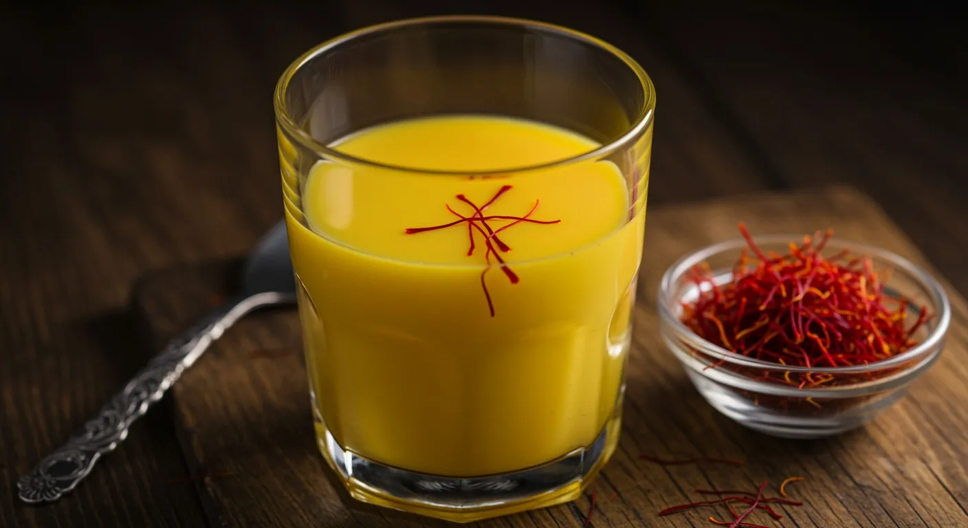 Glass of warm golden saffron milk with a few red saffron threads floating on top and a small bowl of saffron beside it