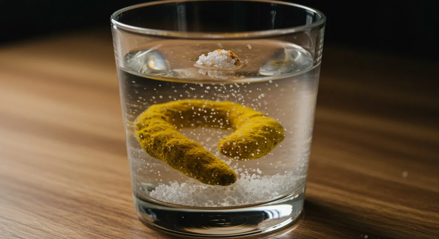 Glass of warm water with a spoon of salt and a pinch of golden turmeric dissolving, on a wooden surface