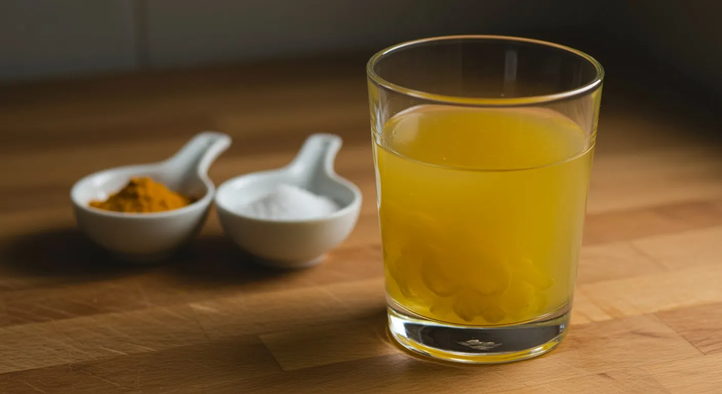 Glass of warm water lightly tinted golden from a pinch of dissolved turmeric powder, beside two small bowls of turmeric powder and salt on a wooden surface
