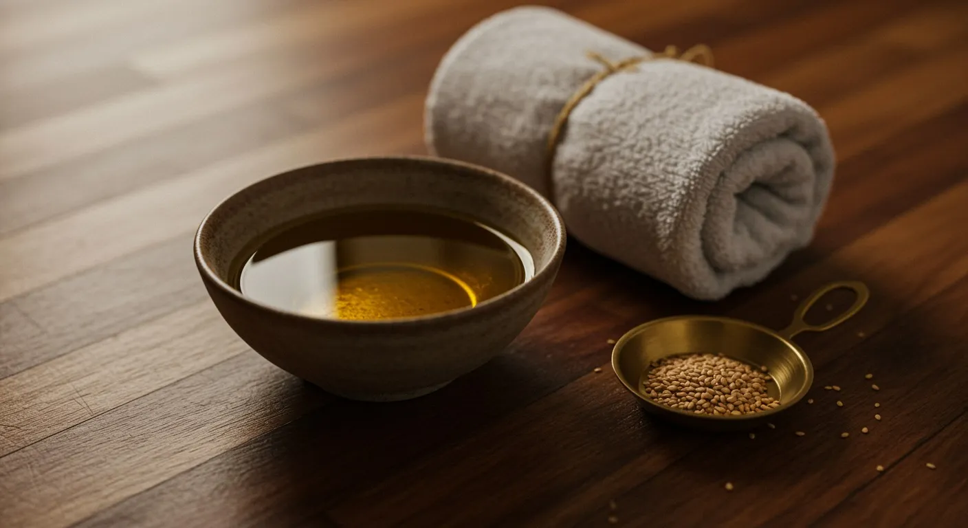 Small ceramic bowl of warm golden sesame oil beside a folded white cotton towel on a polished wooden floor