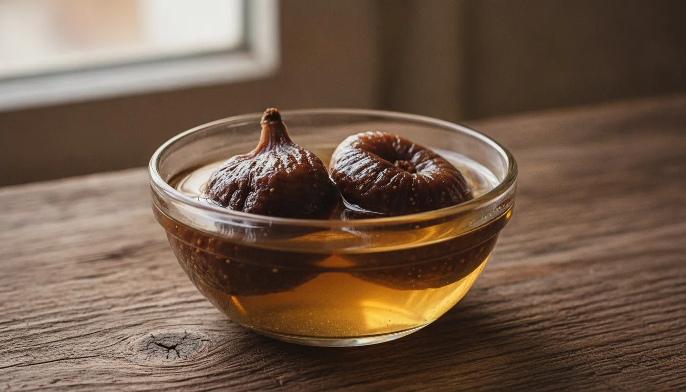 Two softened dried figs in a small glass bowl of amber soaking water on a wooden table